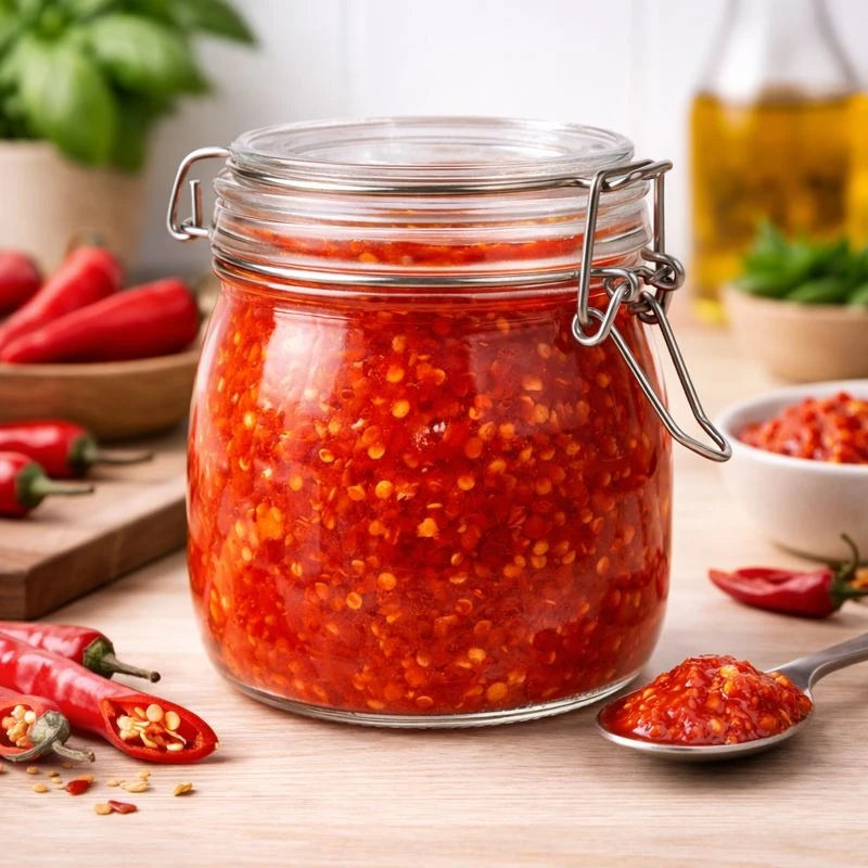 Airtight Glass Storage Jar with Clamp Lid – Spices, Sauce, Purée, Seeds, Nuts Jam & Pickle Container 500g
