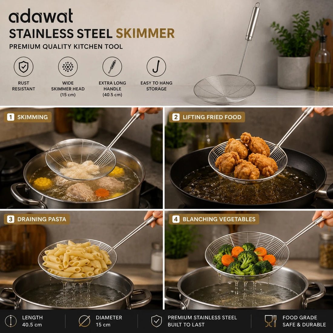 Adawat Stainless Steel Wire Skimmer Spider Strainer Frying Basket Kitchen Skimmer Oil Strainer 40.5 cm 15 cm