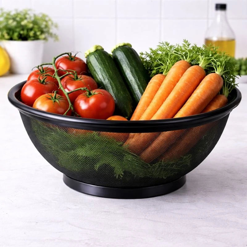 Large Black Stainless Steel Mesh Colander 28 cm Heavy-Duty Vegetable & Fruit Strainer, Pasta Drainer & Kitchen Washing Bowl