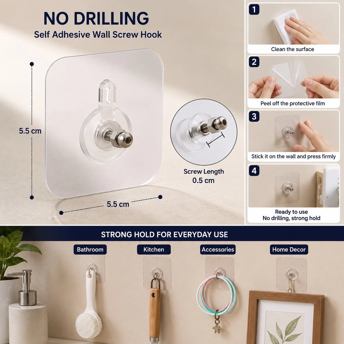 Self Adhesive Wall Screw Hook No Drill Transparent Adhesive Wall Mount Heavy Duty Wall Hanger