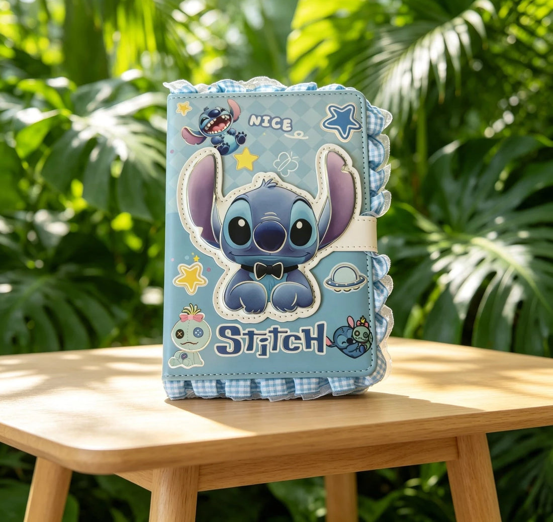 Stitch Character Notebook with Decorative Cover, Strap Closure & Ruffle Trim – Cute School Journal & Writing Notebook