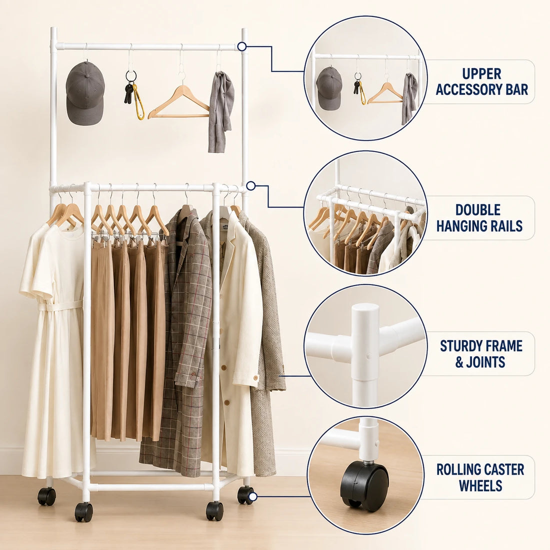 Double-Rail Rolling Clothes Rack with Upper Hanging Bar & Wheels