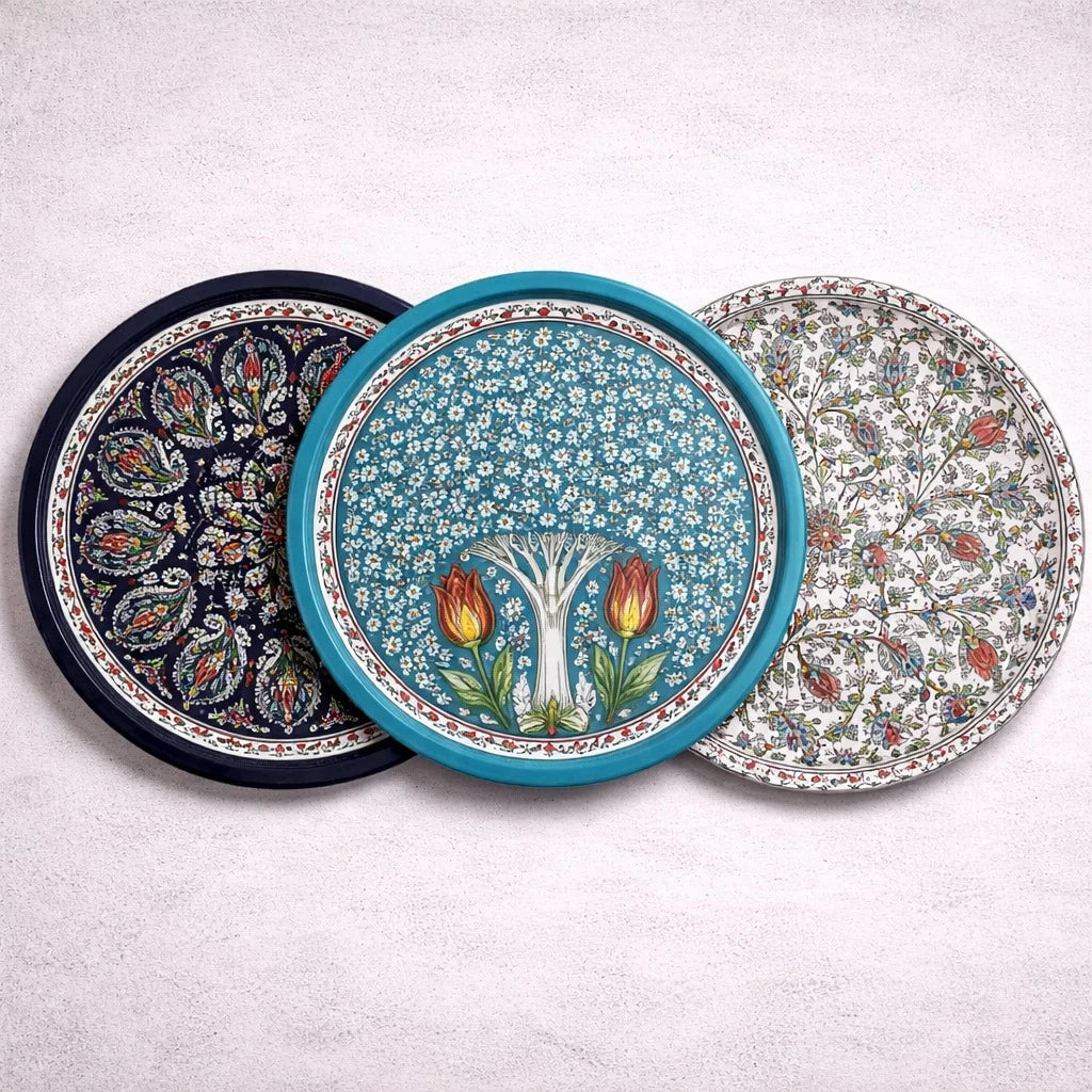 Turkish Metal Tray Serving Tray Round Tray Mandala Coffee Serving Tray Tea Tray Ottoman Floral Tray Decorative Tray Kitchen Serving Tray 35 cm