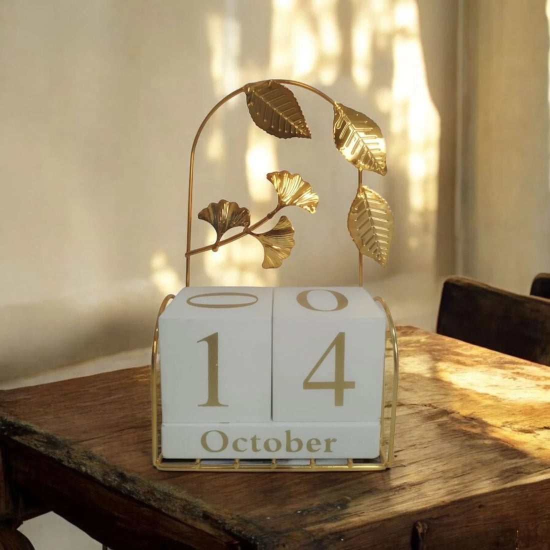 Floral Perpetual Desk Calendar with Wooden Date Blocks and Decorative Gold Leaf Design
