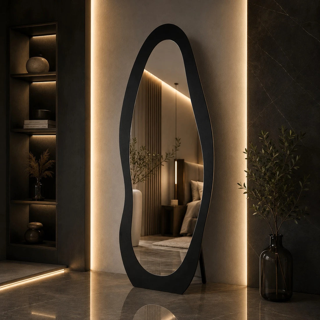 Modern Full Length Dark Brown Wood Frame Standing Mirror for Bedroom