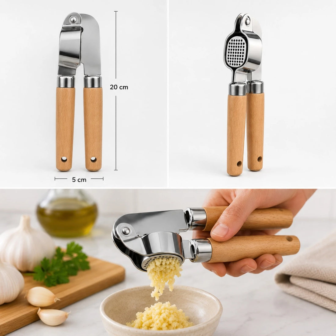 Adawat Garlic Press Stainless Steel Garlic Crusher Mincer with Wooden Handle Removable Basket Easy Clean
