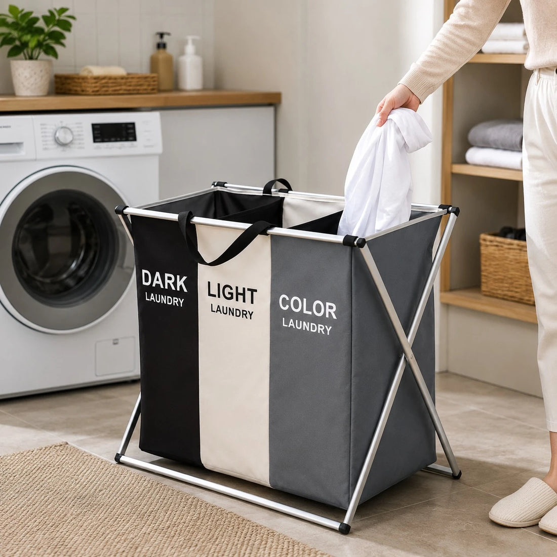Triple Compartment Dark Light Color Laundry Basket Foldable Oxford Cloth Clothes Hamper Organizer