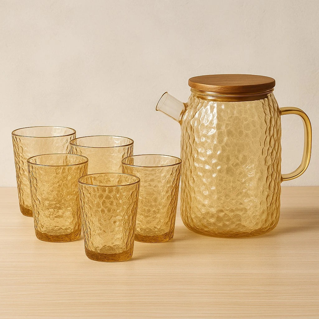 Glass Pitcher with 6 Amber Cups
