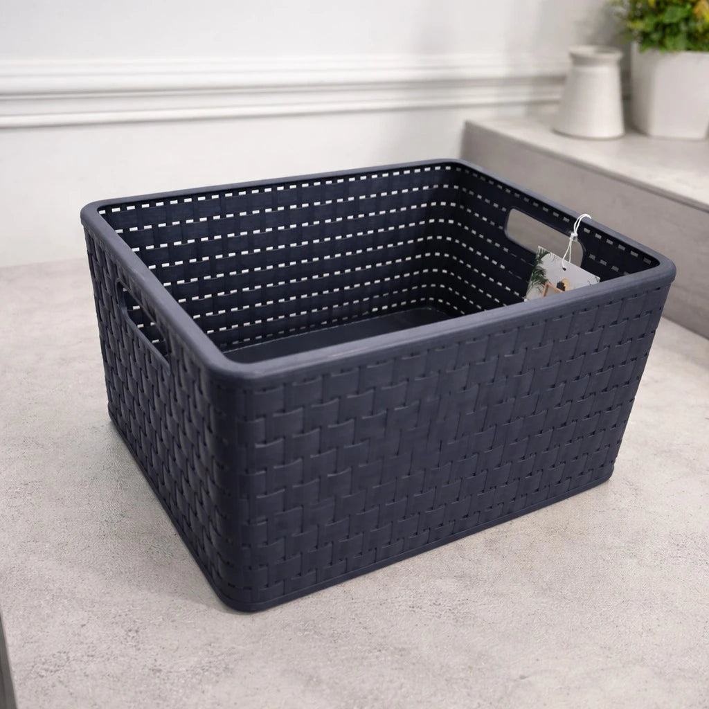 Rotho Storage Basket Plastic Woven Design Multi Purpose Organizer Dark Grey Swiss Made 18 Liters