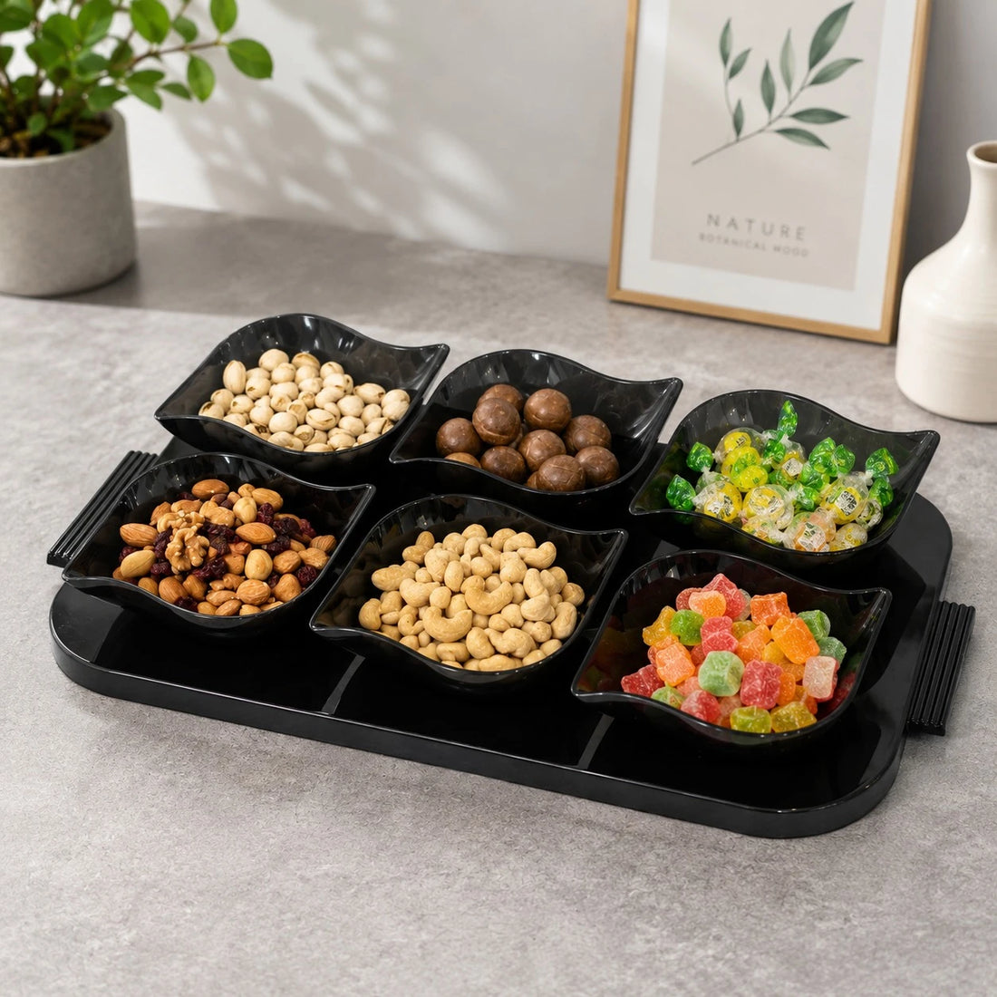 Serving Tray with 6 Snack Bowls Set Plexi Acrylic Mezza Serving Tray | Transparent Dark Snack Organizer for Nuts, Candy & Appetizers