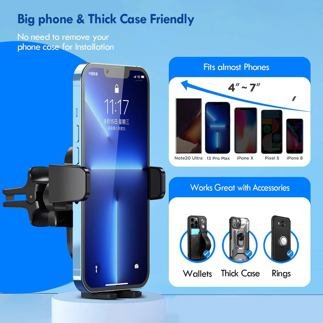 Universal Rotating Car Phone Holder for Air Vent and Windshield with Adjustable Viewing Angle