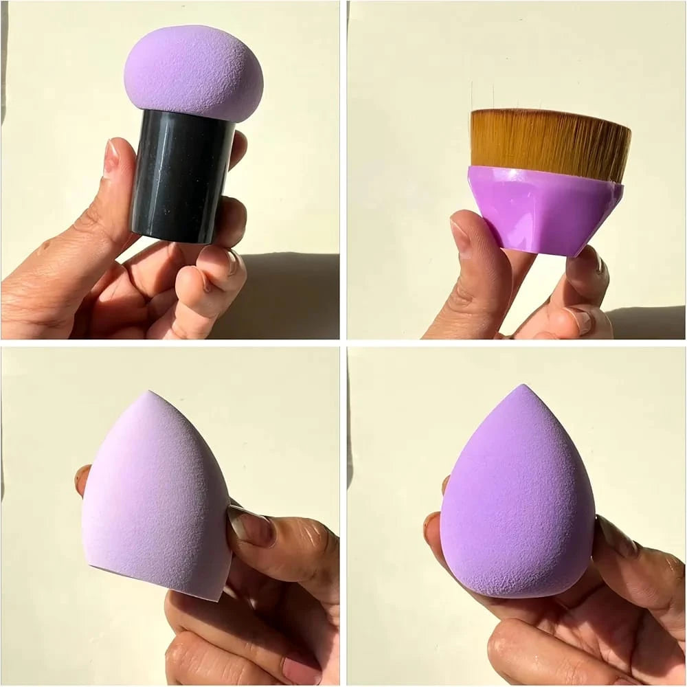 4 Piece Makeup Brush and Sponge Set with Foundation Brush Mushroom Puff and Storage Box