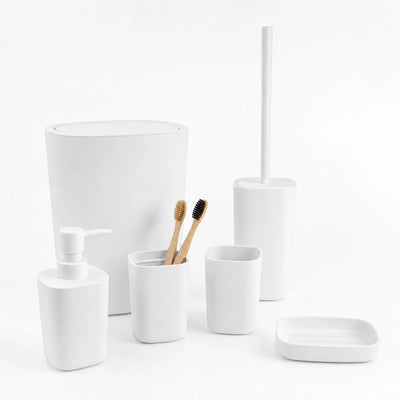 6 Piece White Plastic Bathroom Accessories Set with Trash Bin Soap Dispenser Toothbrush Holder Tumbler Soap Dish and Toilet Brush