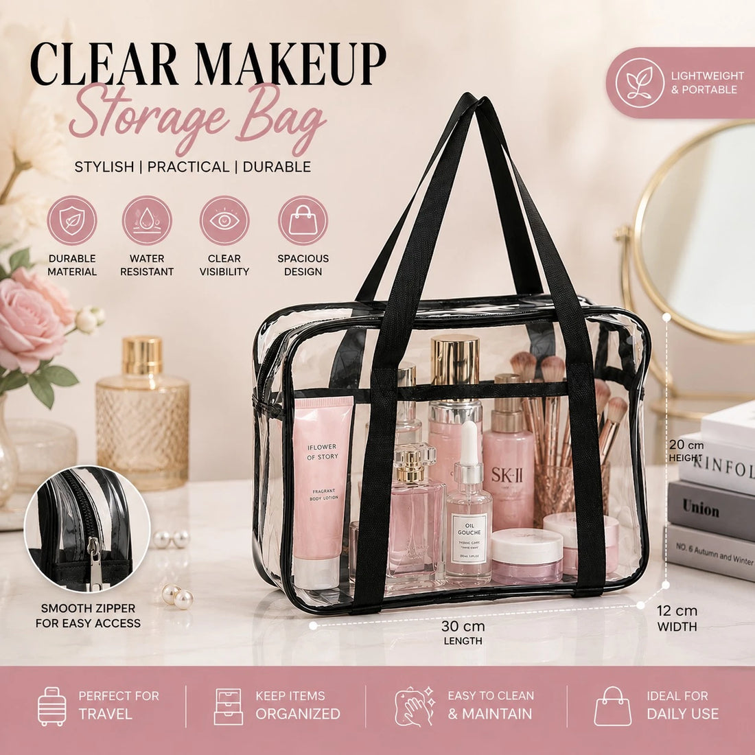 Clear Transparent Makeup & Toiletry Storage Bag with Handles & Zipper for Travel Beauty Cosmetics Organization