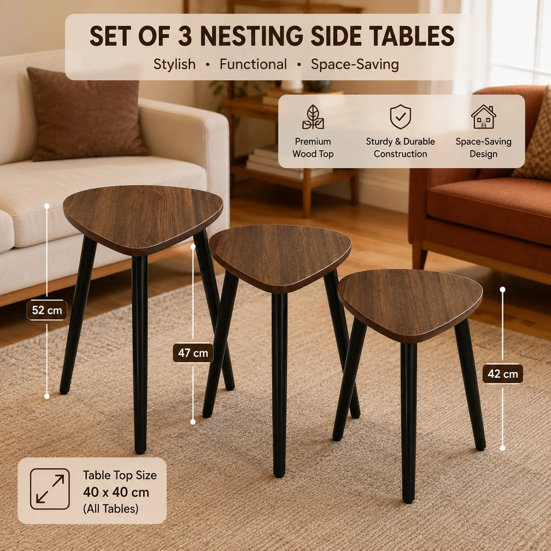 Set of 3 Modern Wooden Side Tables with Aluminum Legs | Nesting Coffee & End Tables