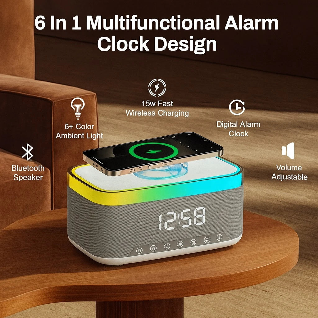 Bluetooth Speaker with LED Alarm Clock & Wireless Charger