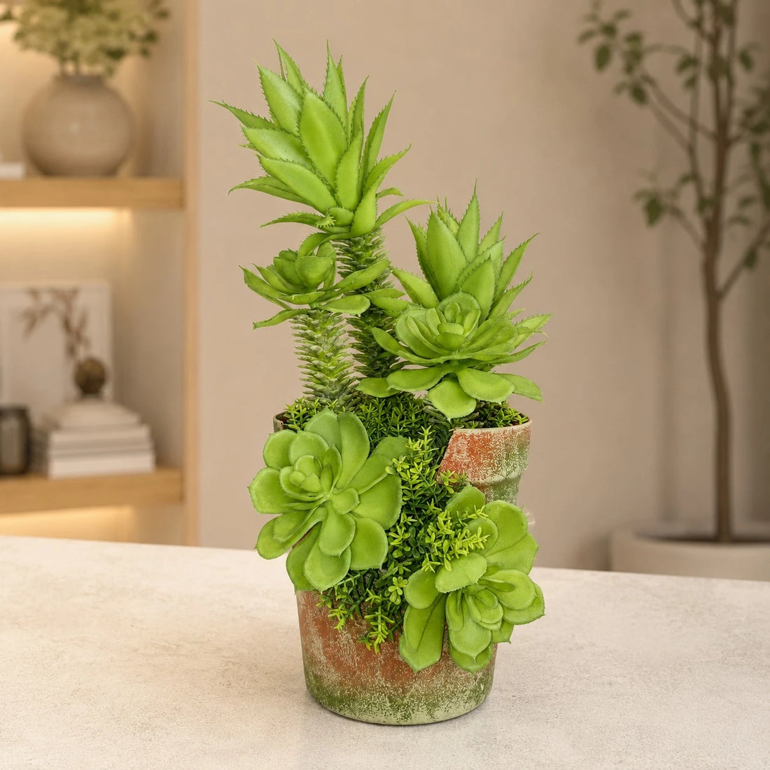 Artificial Palm Style Succulent Arrangement Decorative Greenery Plant Pot Home Office Decor