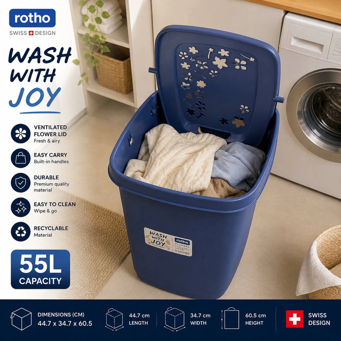 Rotho Wash With Joy Laundry Basket 55L Clothes Hamper Plastic Laundry Bin Storage Basket Ventilated Lid Dirty Clothes Organizer Swiss Design