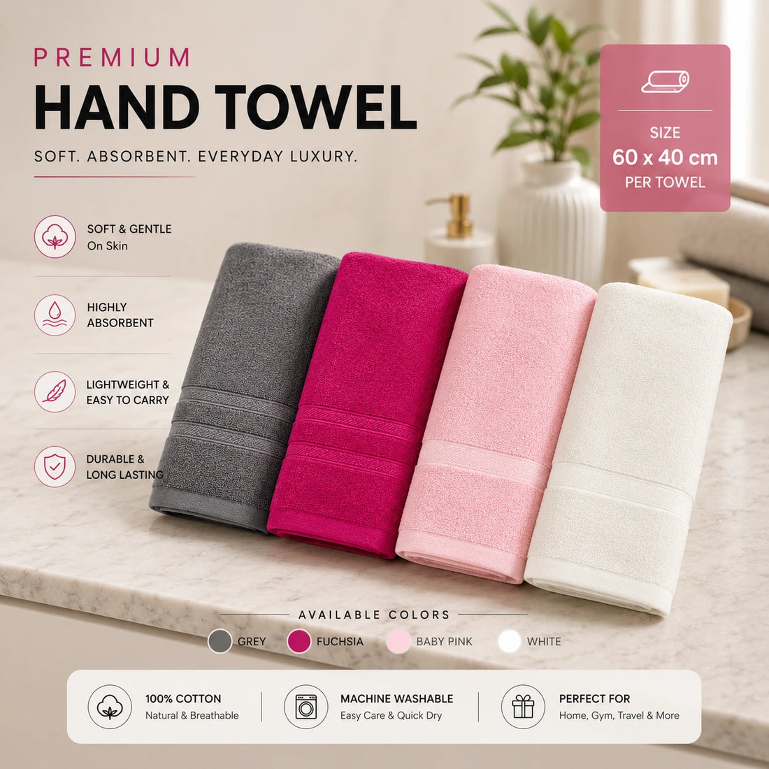 Travel Hand Towel Soft Cotton Absorbent Bathroom Face Towel 60x40 cm