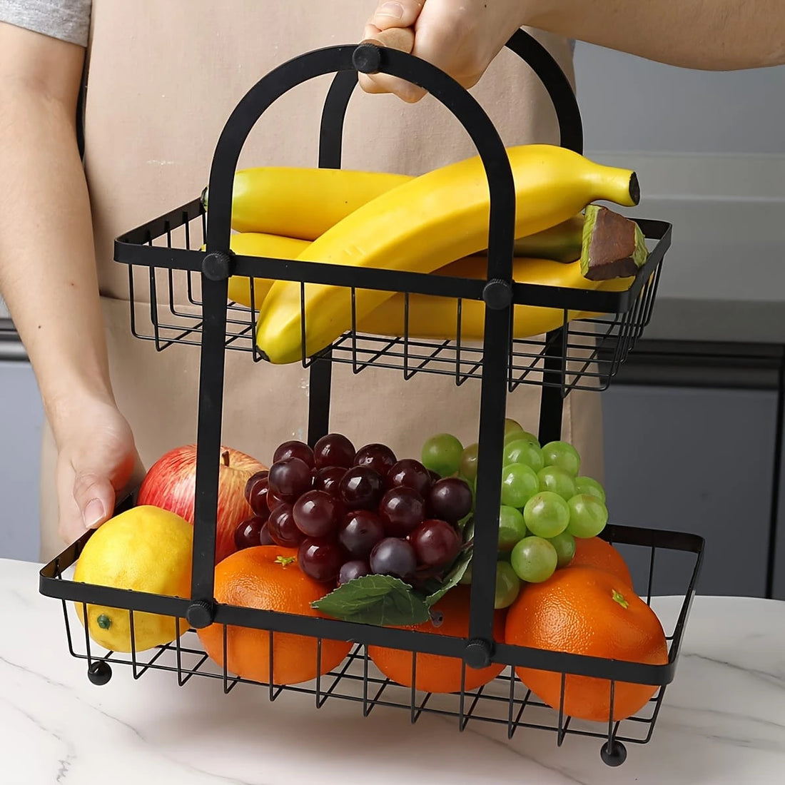2 Tier Metal Fruit Basket Organizer with Modern Black Finish for Kitchen Countertop and Dining Table