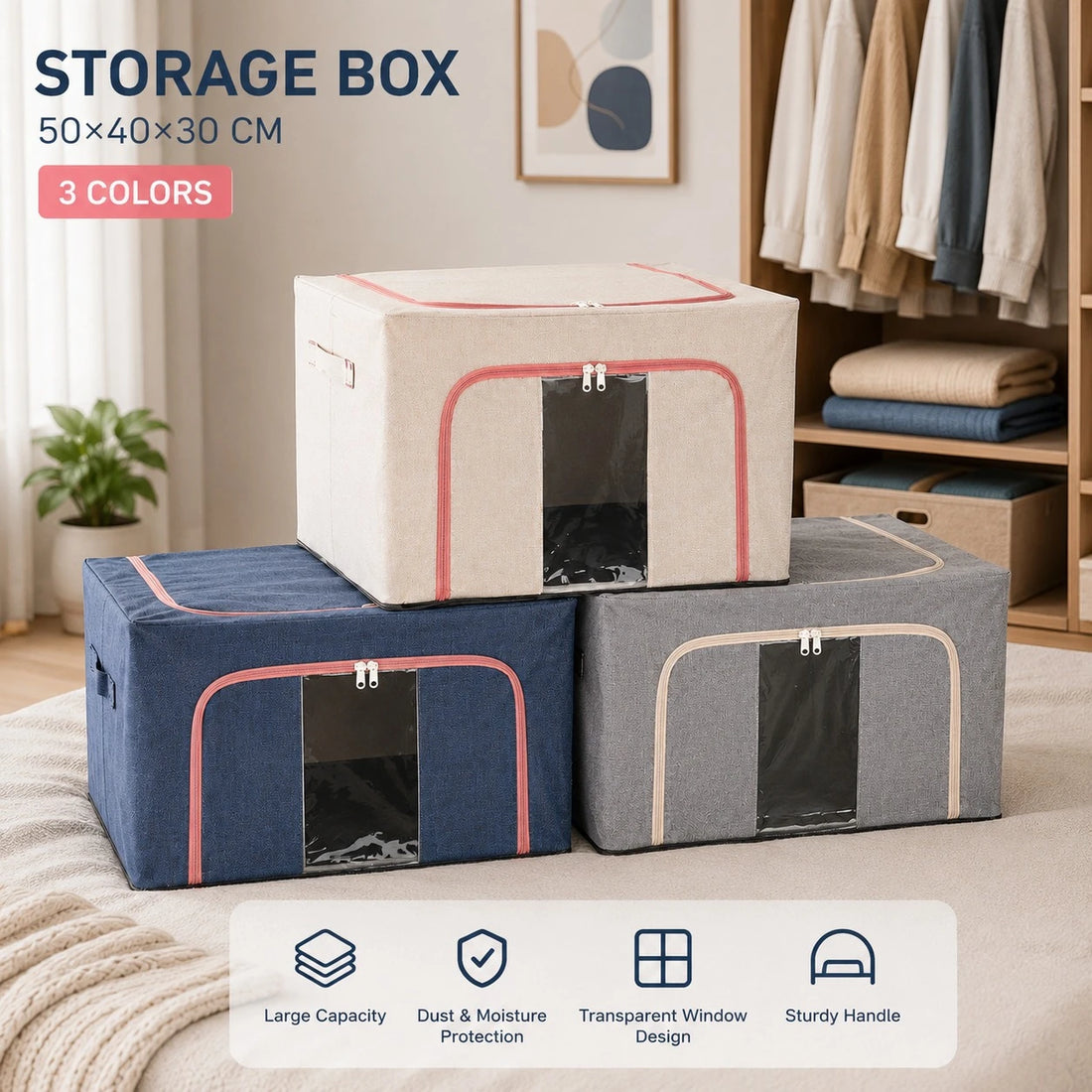 Foldable Fabric Storage Box with Transparent Window Large Capacity Clothes Blanket Organizer