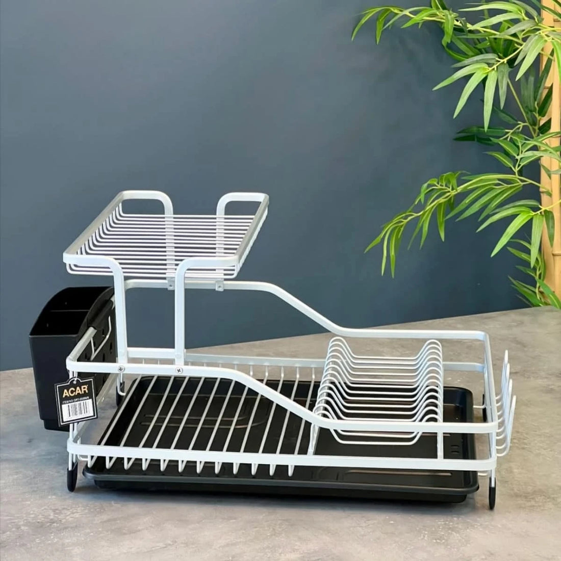 2 Tier Aluminum Dish Drying Rack with Drain Tray and Utensil Holder for Kitchen Countertop