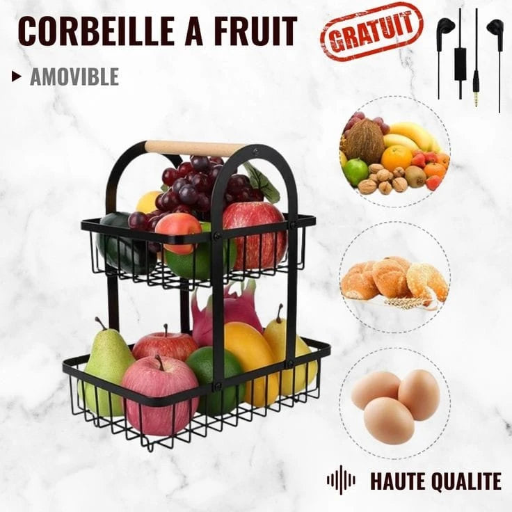 2 Tier Metal Fruit Basket Organizer with Modern Black Finish for Kitchen Countertop and Dining Table