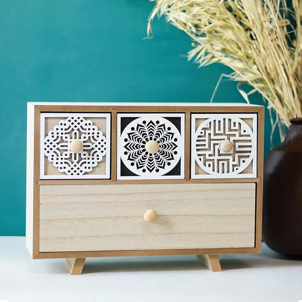 Multi Color MDF Desktop Storage Organizer with Decorative Cutwork Drawers for Home and Office