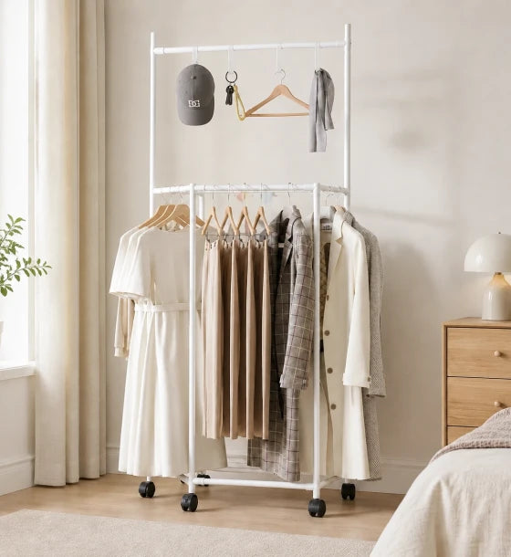 Double-Rail Rolling Clothes Rack with Upper Hanging Bar & Wheels