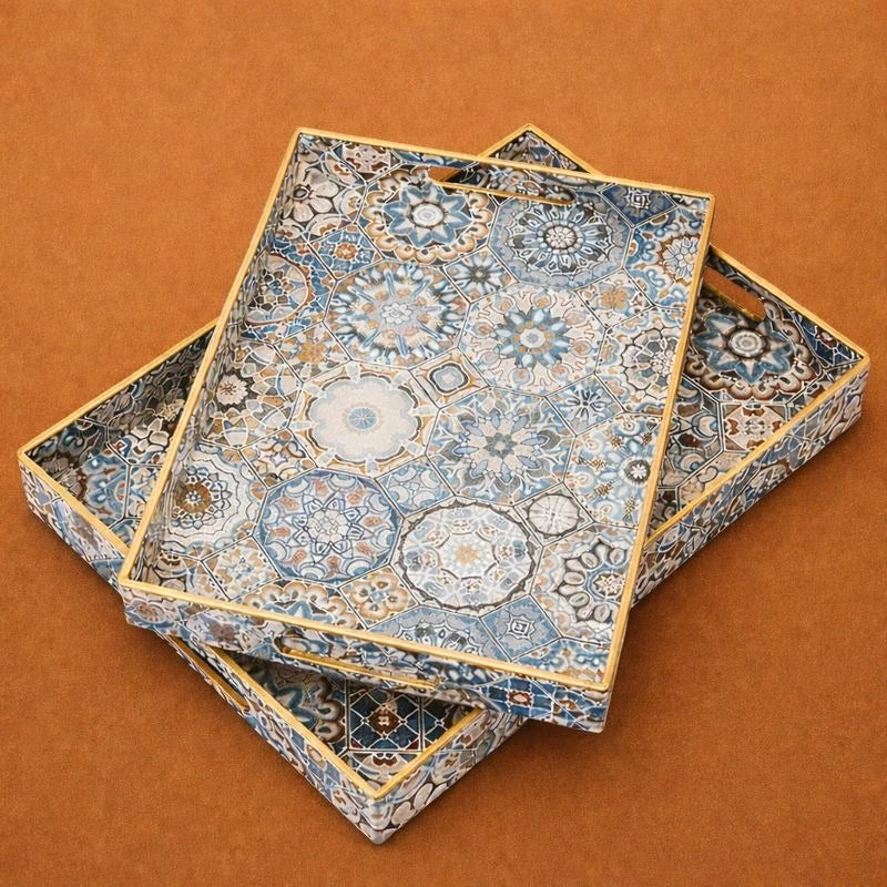 Arabesque Moroccan Tile Serving Tray Set 2 Pieces Rectangular Teal Gold Coffee Dining
