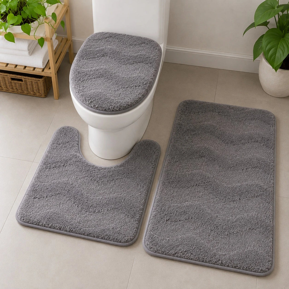 3 Piece Bathroom Rug Set with Toilet Lid Cover Soft Textured Bath Mat Toilet Carpet Bathroom Floor Mat Set