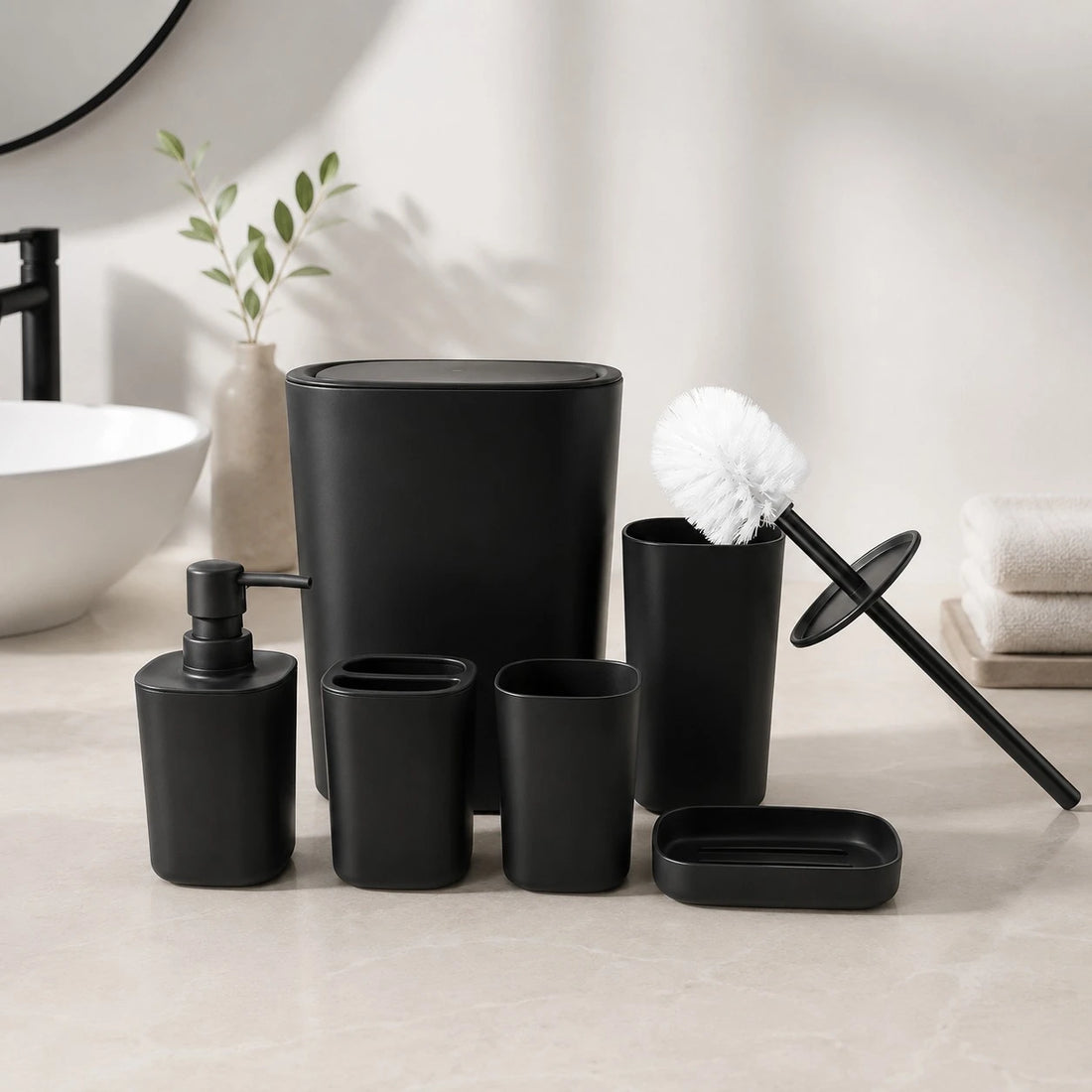 6 Piece Plastic Bathroom Accessories Set with Trash Bin Soap Dispenser Toothbrush Holder Tumbler Soap Dish and Toilet Brush | Black
