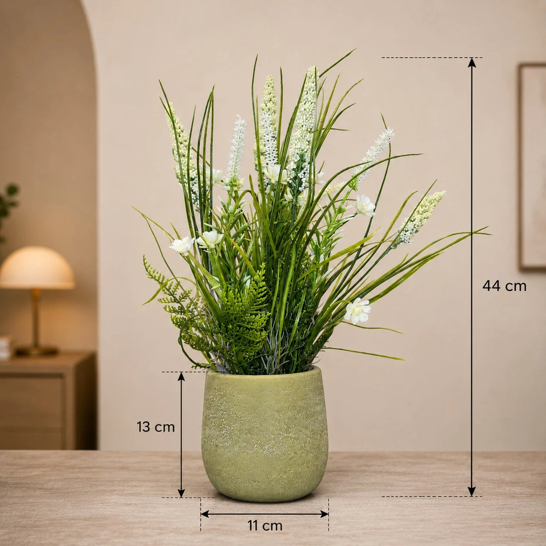 Artificial White Floral Grass Arrangement Decorative Greenery Tabletop Plant Pot Home Office Decor