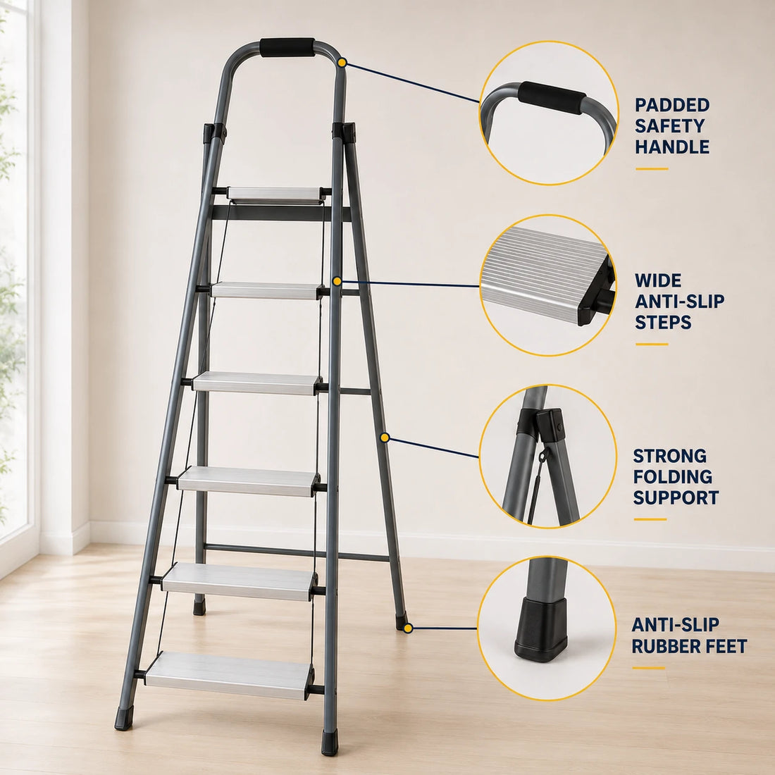 6 Step Folding Ladder with Wide Anti Slip Steps Padded Safety Handle & Rubber Feet