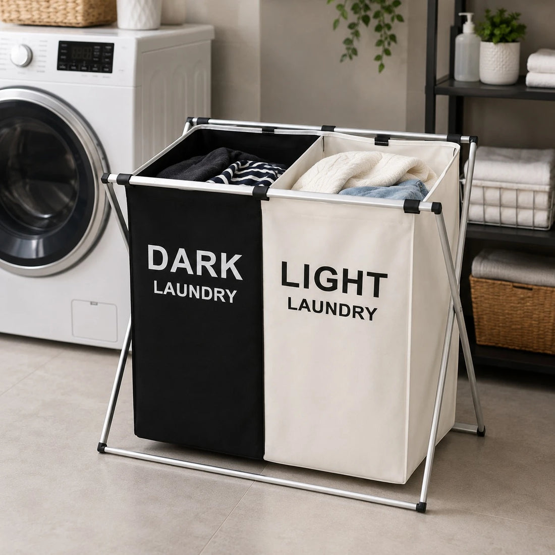 Double Compartment Dark Light Laundry Basket Foldable Oxford Cloth Clothes Hamper Organizer