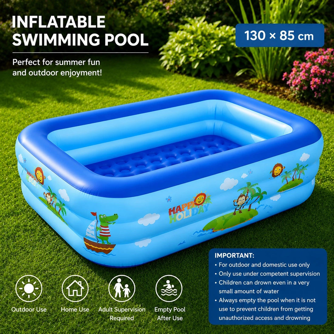 Inflatable Rectangular Swimming Pool Kids Garden Pool Family Outdoor Water Play Pool 130x85 cm