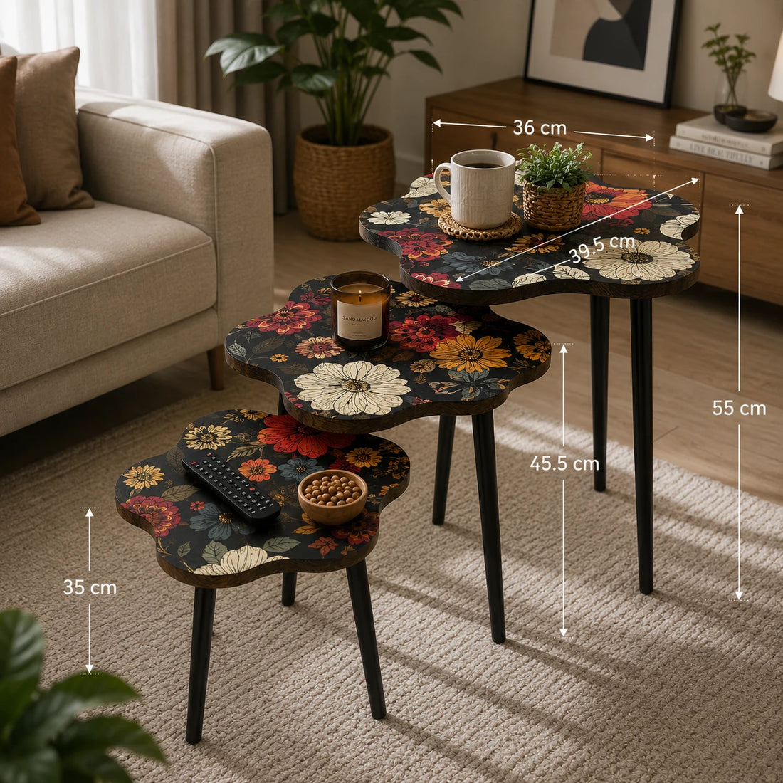 Nesting Floral Coffee Table Set of 3 Decorative Living Room Side Tables with Interchangeable Legs