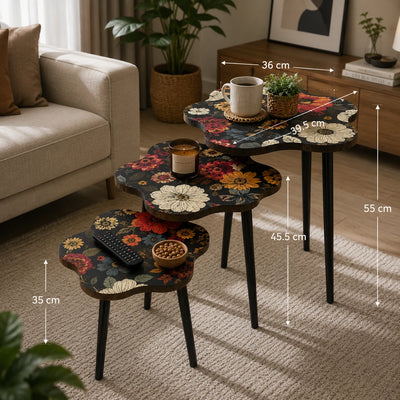 Nesting Floral Coffee Table Set of 3 Decorative Living Room Side Tables with Interchangeable Legs