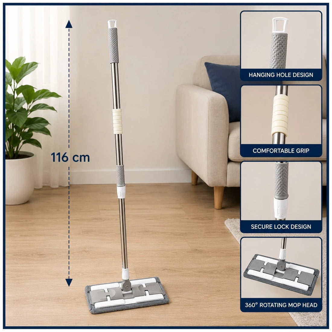 Flat Floor Mop Stainless Steel Handle Microfiber Cleaning Pad 180 Degree Swivel Head Wet Dry Mop With Extra Pad