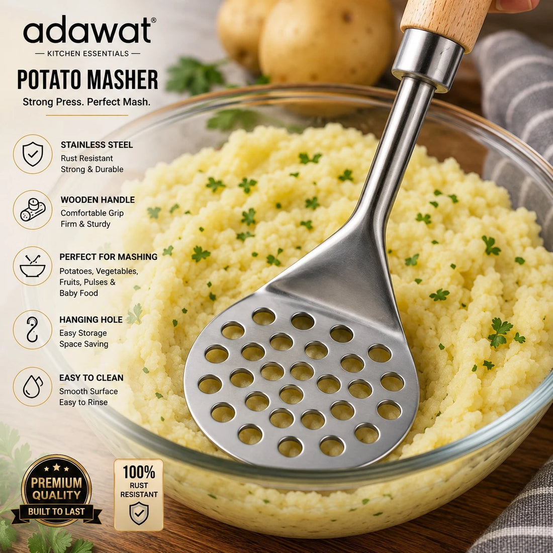 Adawat Stainless Steel Potato Masher Wooden Handle Kitchen Press Masher Vegetable Fruit Food Masher 26.5cm