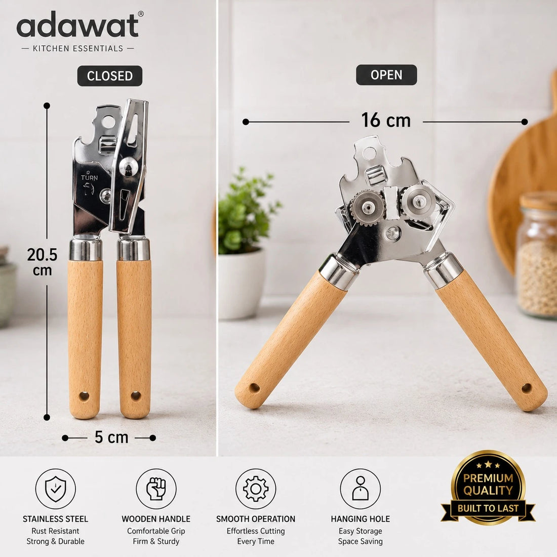 Adawat Stainless Steel Can Opener Wooden Handle Manual Tin Opener Kitchen Bottle Opener 20.5cm