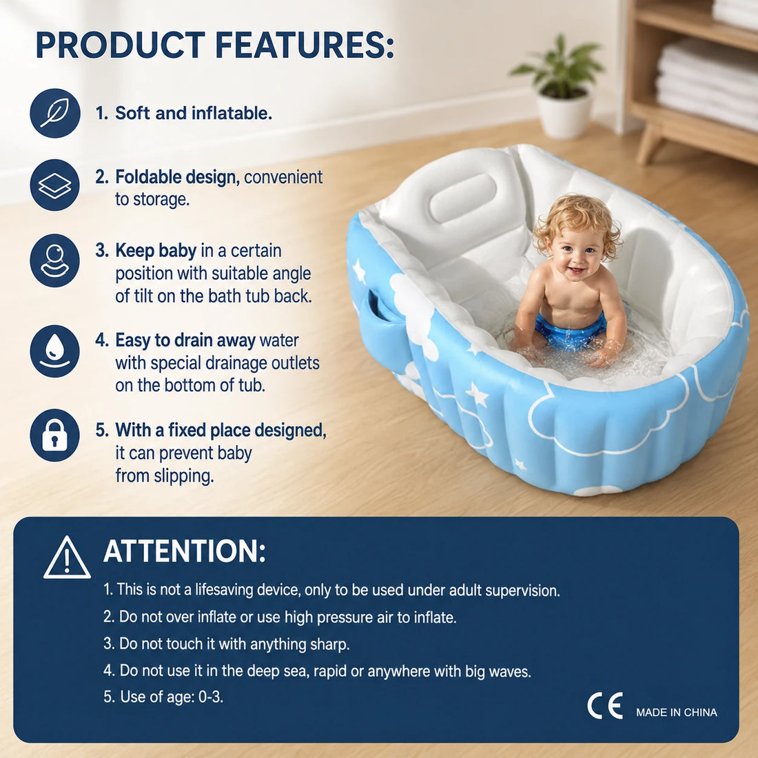 Inflatable Foldable Baby Bath Tub | Portable Non-Slip Baby Bathtub with Drain Outlet