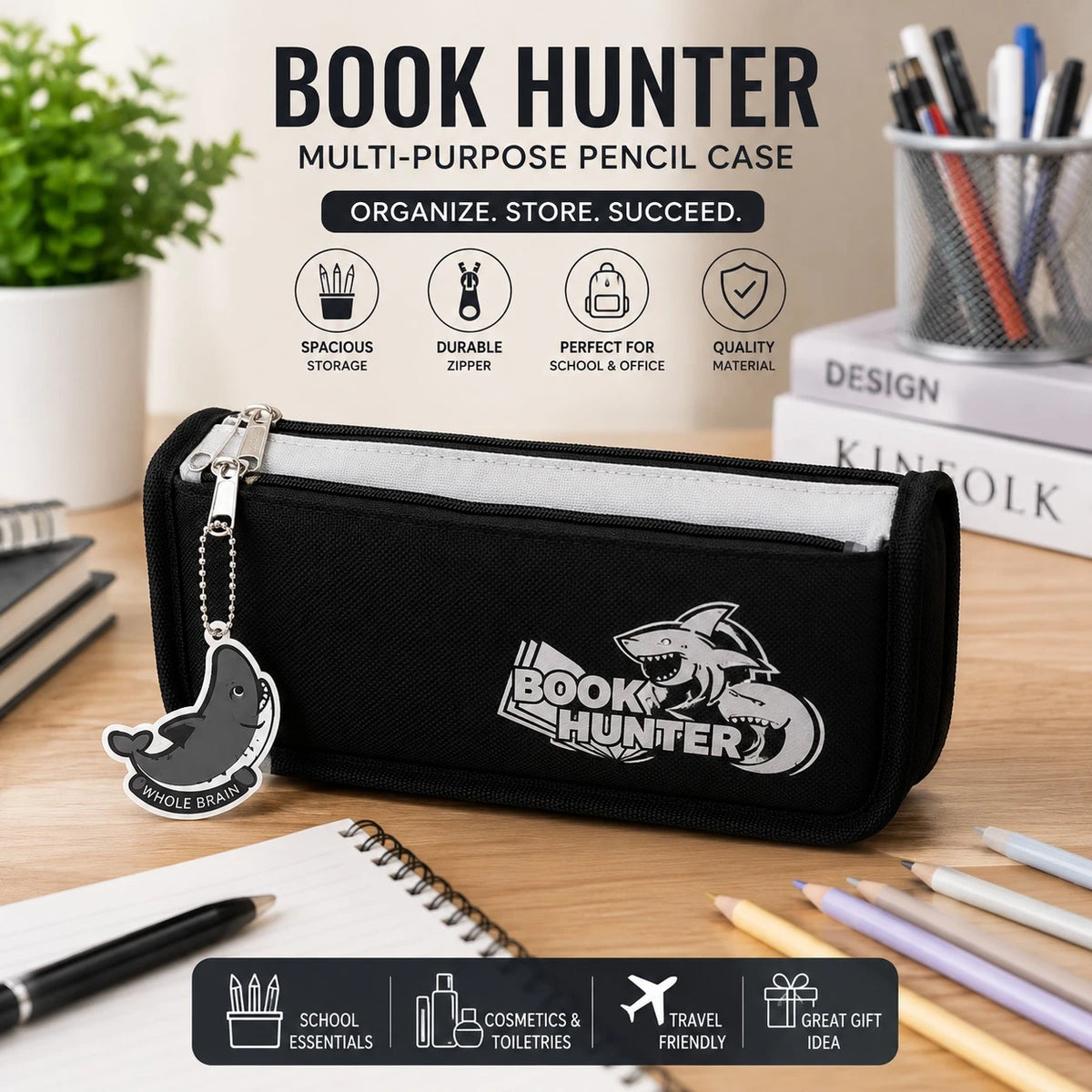 BOOK HUNTER School Pencil Case Large Capacity Double Zipper Stationery Organizer Pouch for Students Pens Pencils Markers & School Supplies