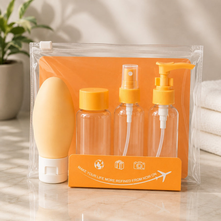 4 Piece Refillable Travel Toiletry Bottle Set with Clear Pouch