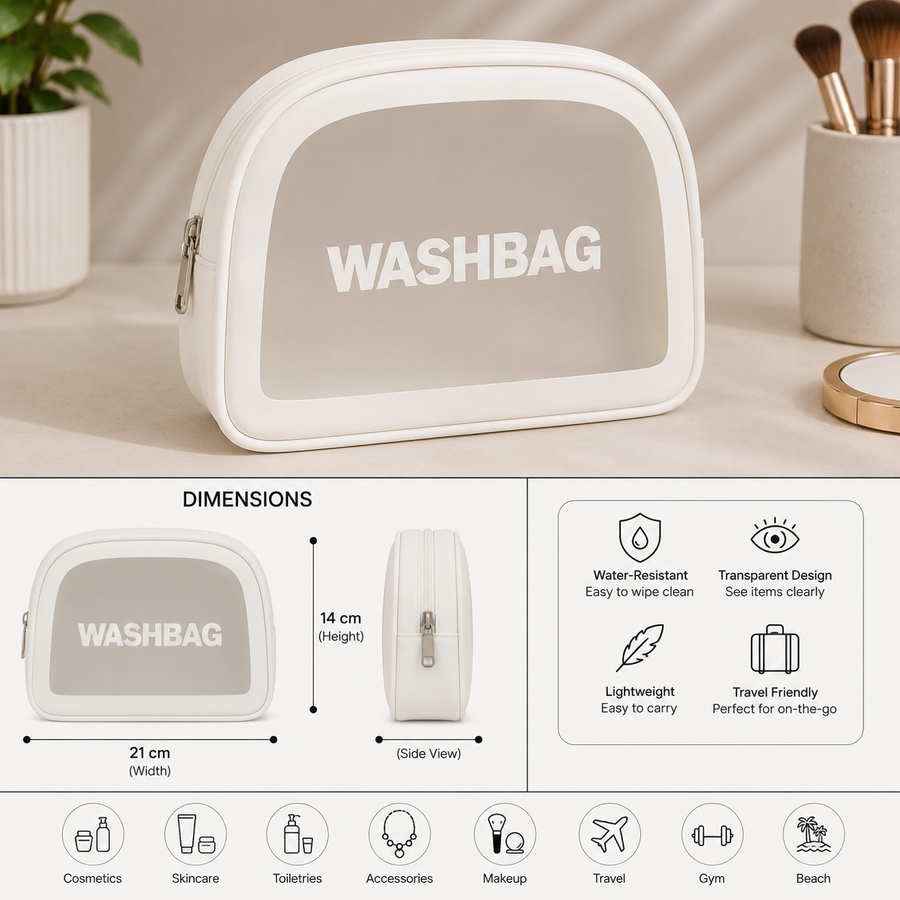 White Minimalist Transparent Washbag Pouch Travel Cosmetic Toiletry Organizer