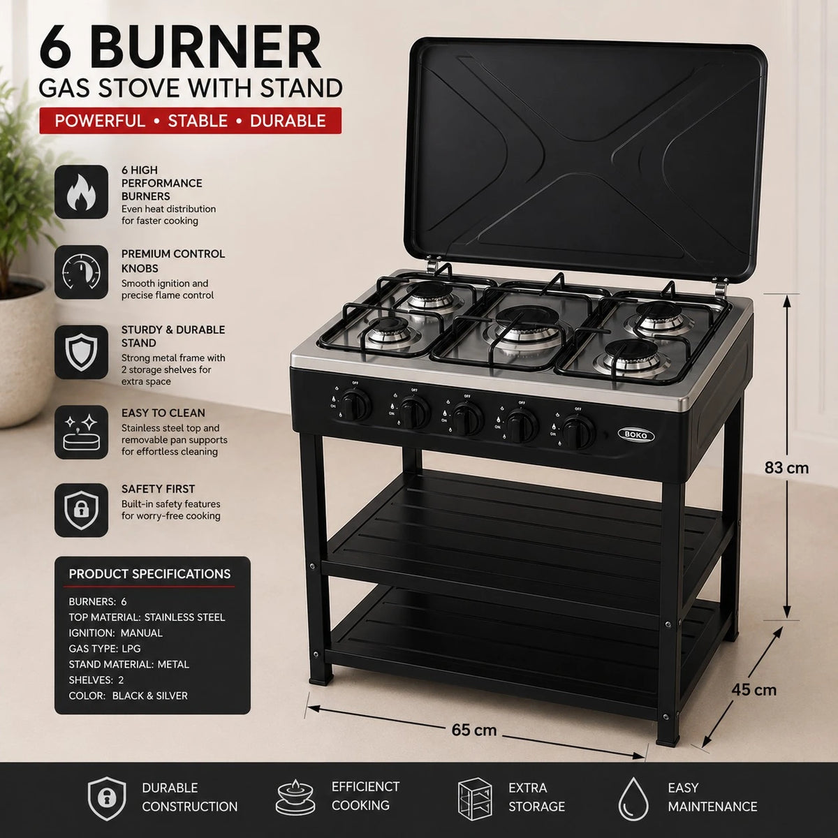 BOKO Gas Stove With Stand 5 Burner Freestanding Cooker Storage Shelf Kitchen Stove LPG Cooker