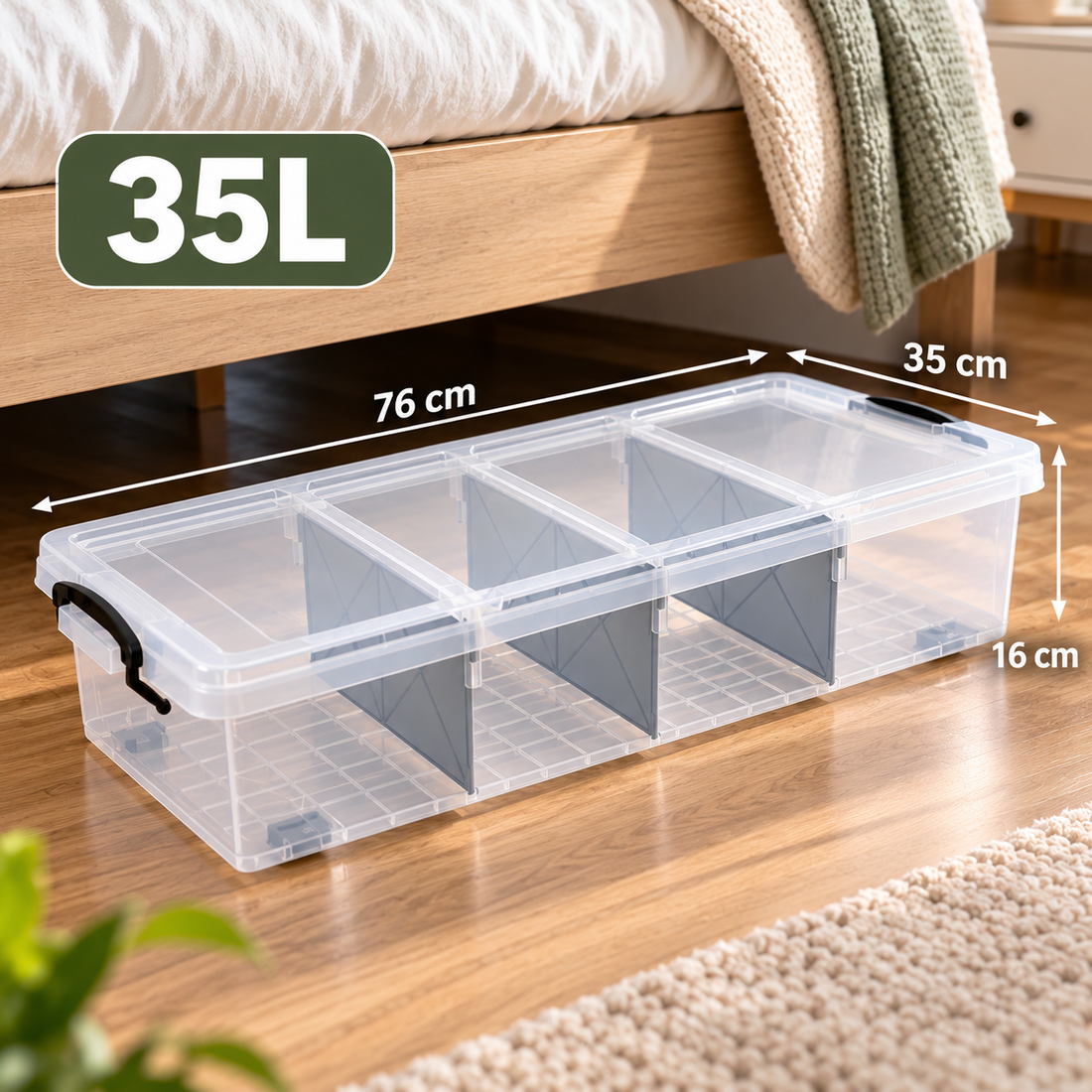 35L Large Storage Box with 3 Removable Dividers and Wheels