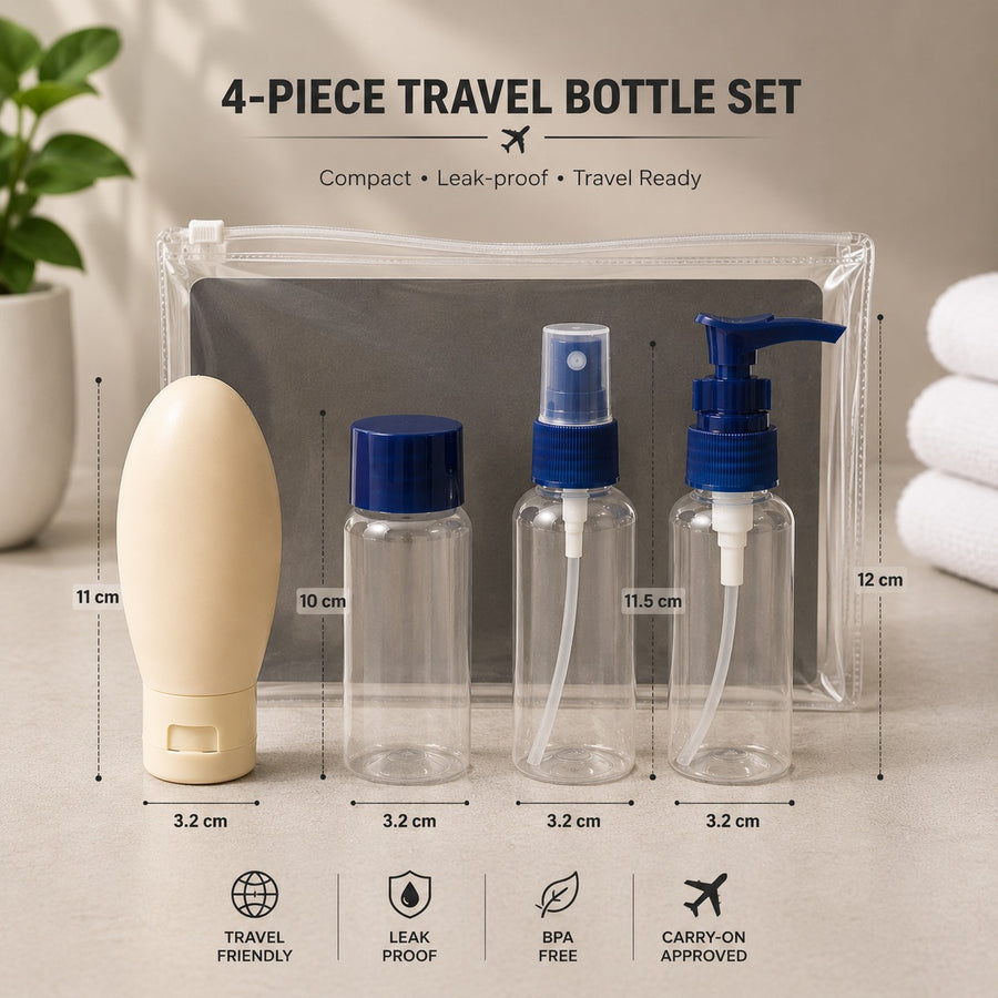 4 Piece Refillable Travel Toiletry Bottle Set with Clear Pouch – navy