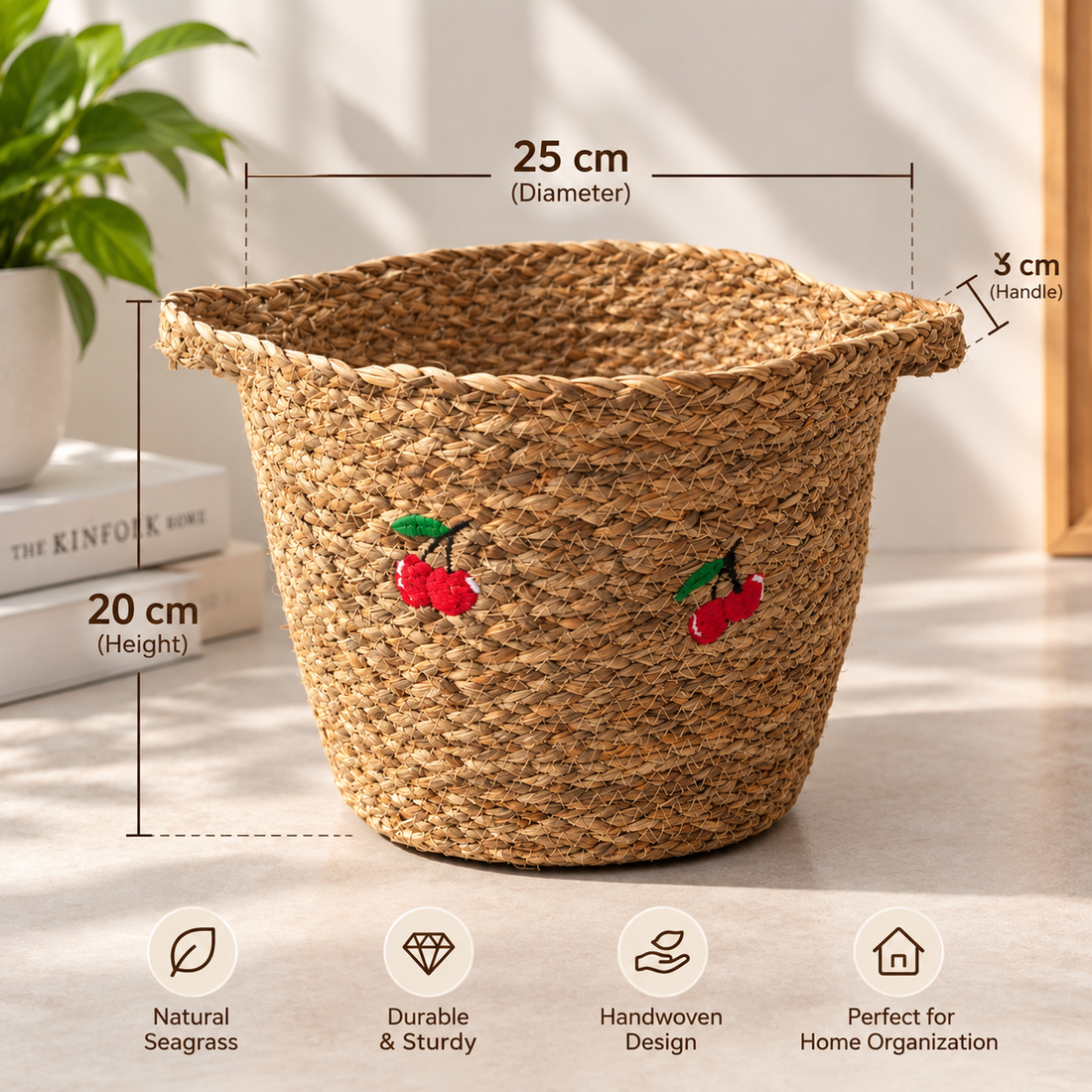 Woven Seagrass Storage Basket with Cherry Design and Side Handles