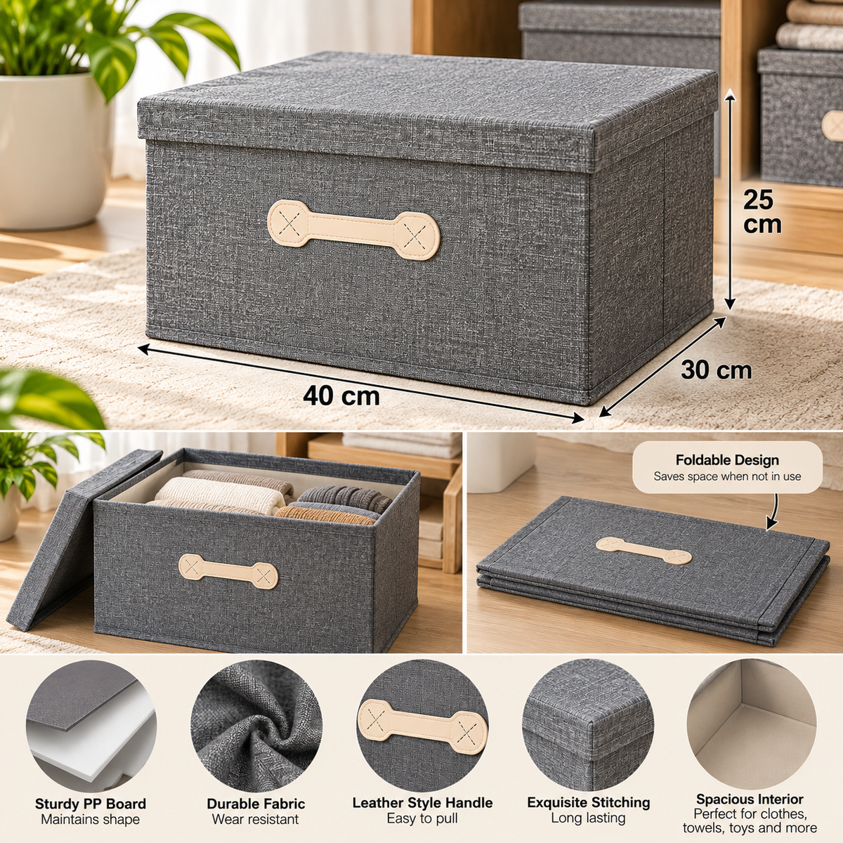 Medium Foldable Fabric Storage Box with Lid